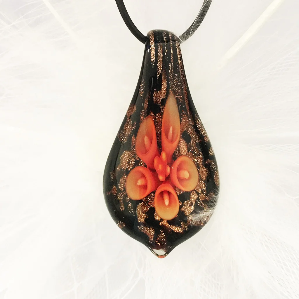 1PCS Handmade Muran Glass Orange Flower Water Drop Pendant Necklace Ethnic Style Clavicle Sweater Chain Jewelry