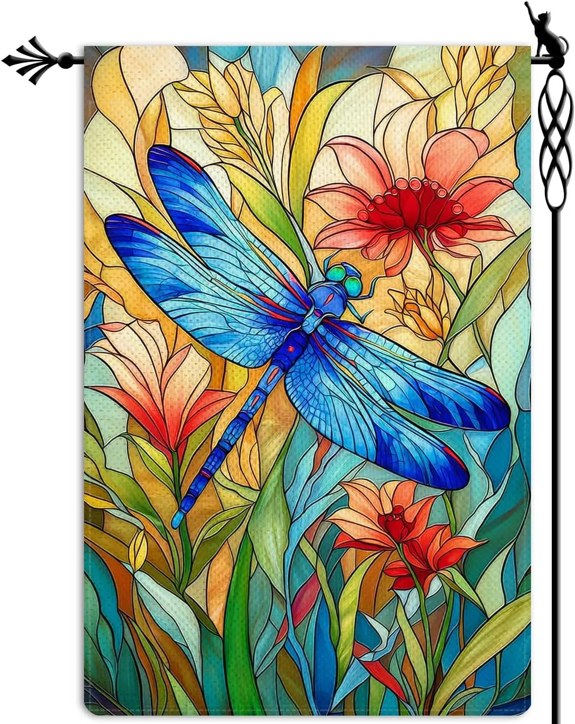 Stained Glass Style Dragonfly Garden Flag Spring Summer Garden Flag Vertical Double Sided Rustic Farmland Burlap Yard Lawn O MMZ