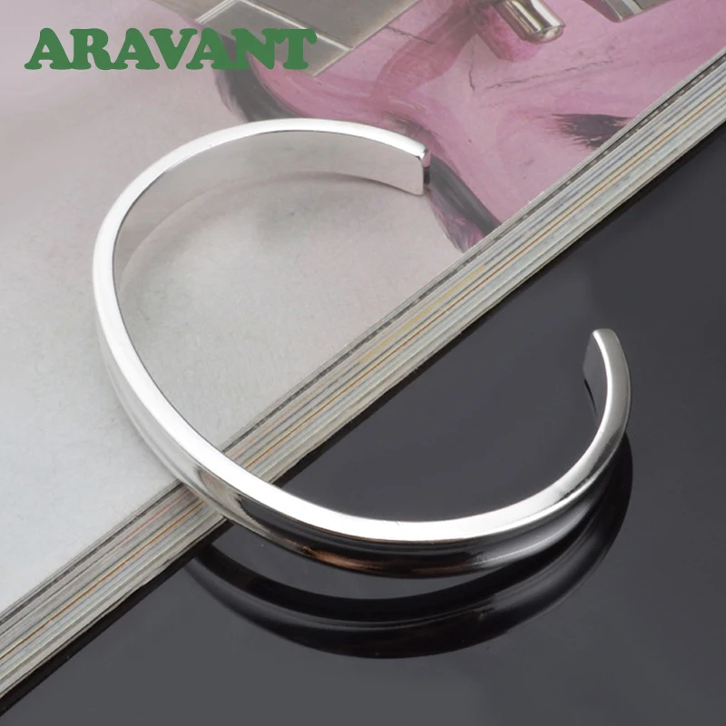 Aravant 925 Silver 7mm Smooth Open Cuff Bracelet Bangle For Men Women Fashion Jewelry Party Gifts