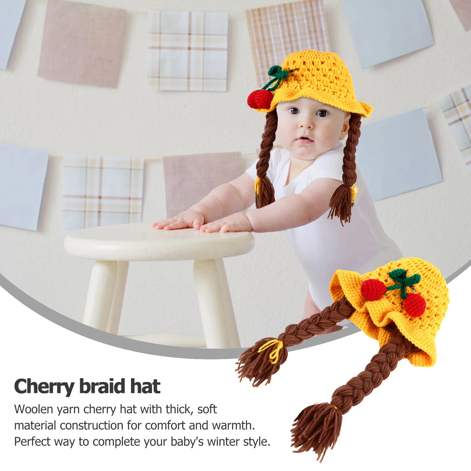 

1Pcs Warm Baby Knitted Hat Premium Woolen Winter Cap Braided Cherry Design Cozy Stretchy Kids Hat for Cold Weather