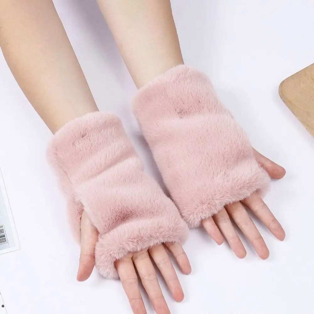 مادة لينة قفازات من الفرو الصناعي ليوبارد طباعة شاشة تعمل باللمس نصف اصبع قفازات فرو الأرنب الصناعي قفازات دافئة أنيقة ركوب الدراجات القيادة #6