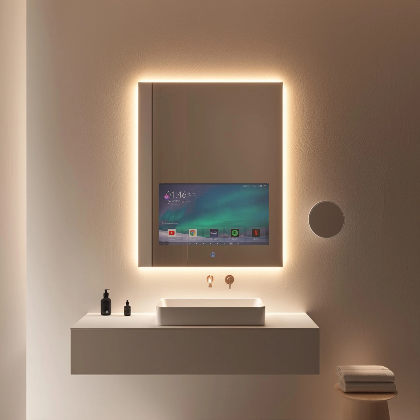 Haocrown Bathroom Mirror With Tri-Color Adjustable LED Lights 21.5-Inch Full Touchscreen Waterproof Shower Demist Smart Tv