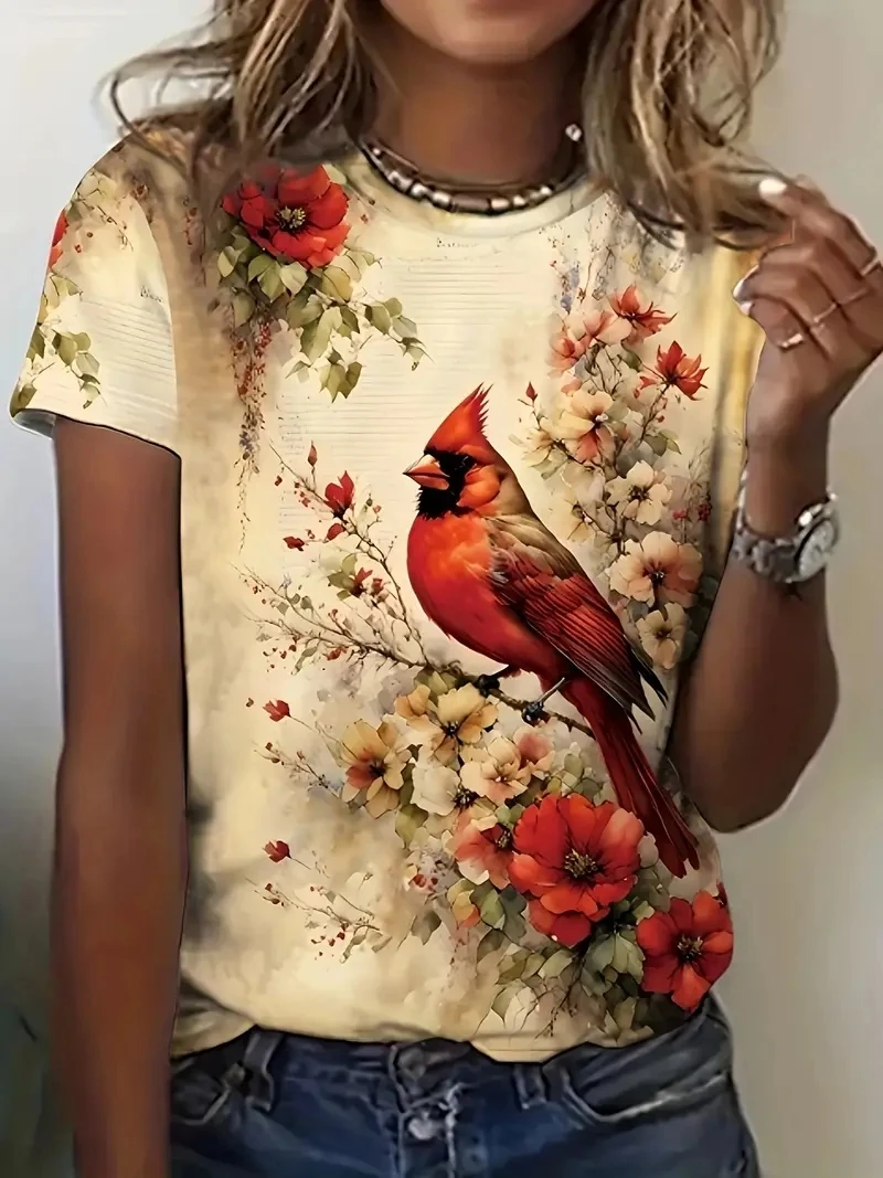 Women's PLUS Size 3D Retro Floral and Redbird Print Short Sleeved T-shirt, Loose and Casual, Soft and Comfortable, Breathable