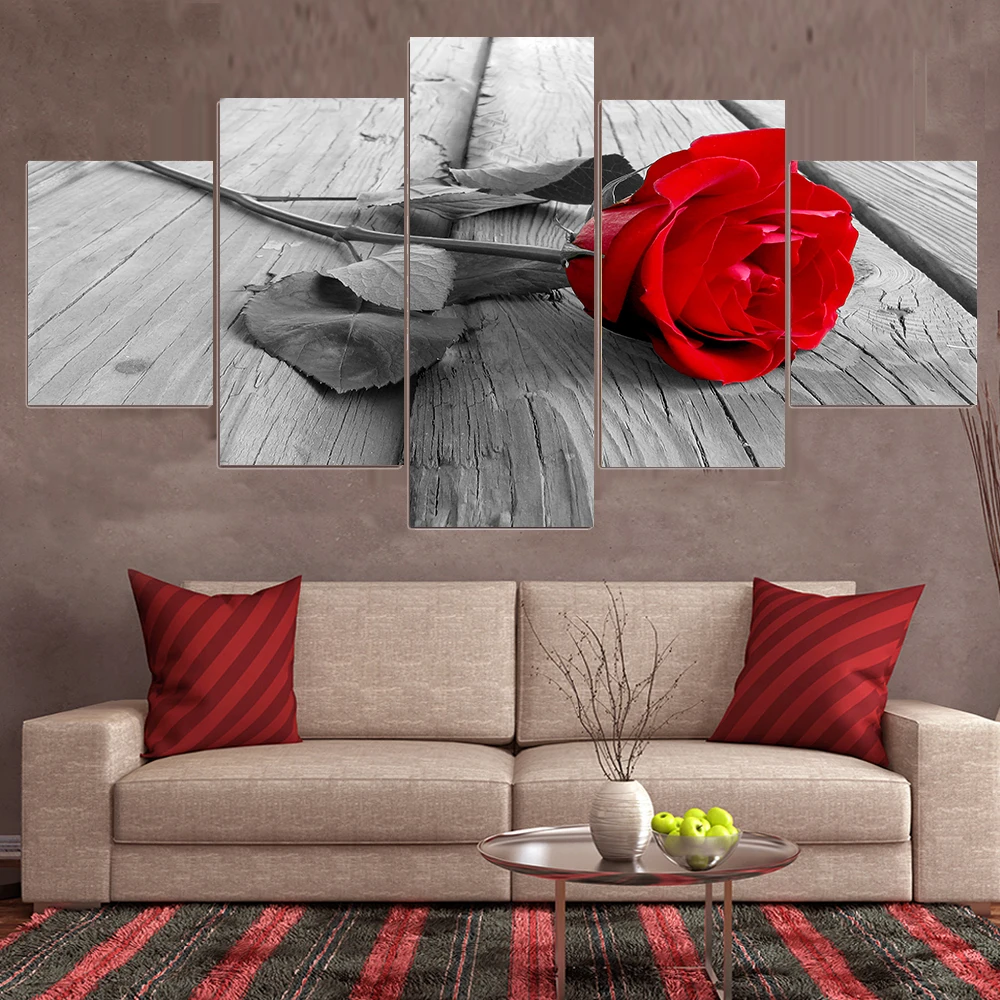 HD Home Decoration Canvas Pictures Living Room Modern 5 Panel Red Rose Flowers Printed Painting Wall Art Modular Poster Frame