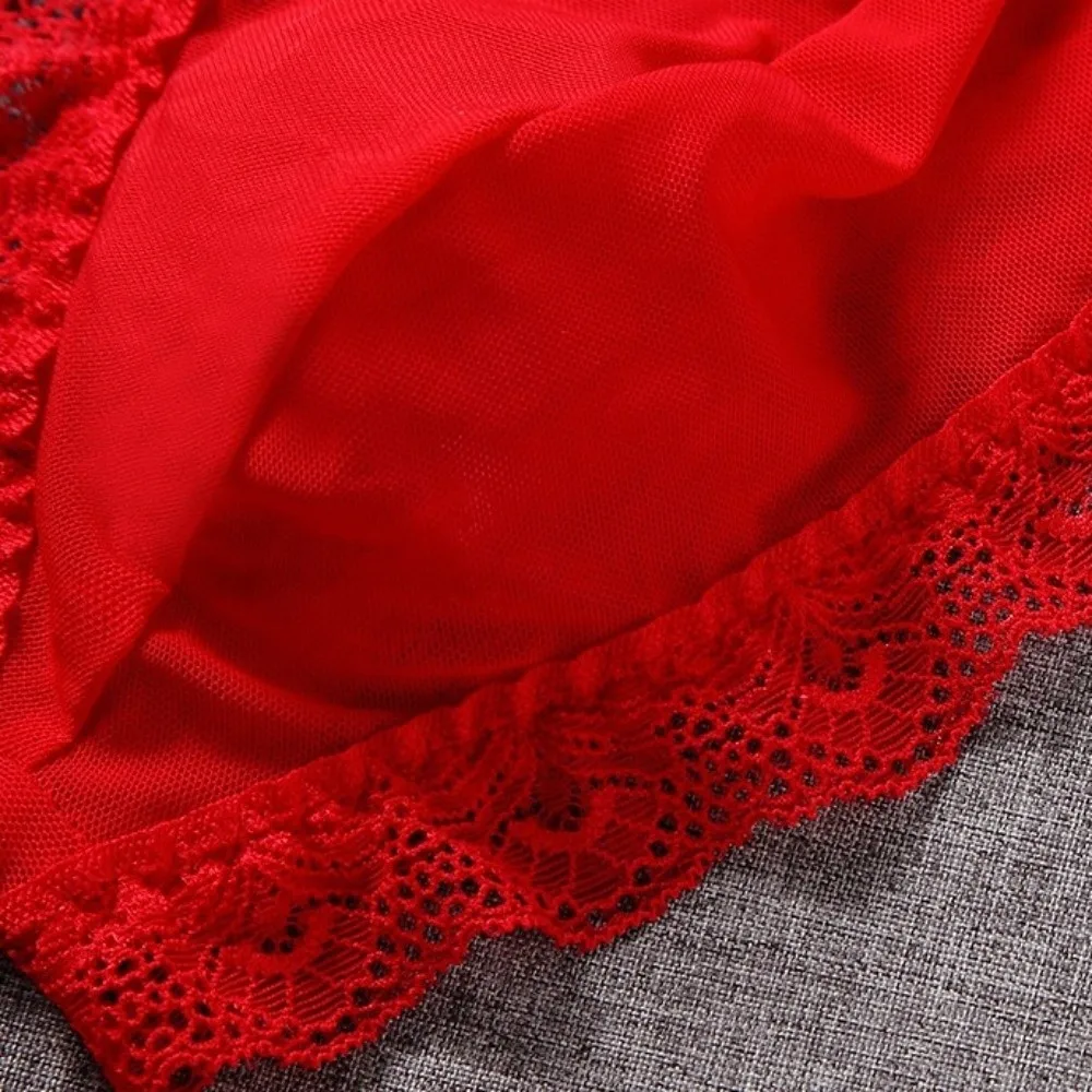 Comfortable Low Waist Men's Lace Thongs Underpants Ruffle Belt Men's Mesh Lace Panties Lingerie Thin Male Briefs Intimate