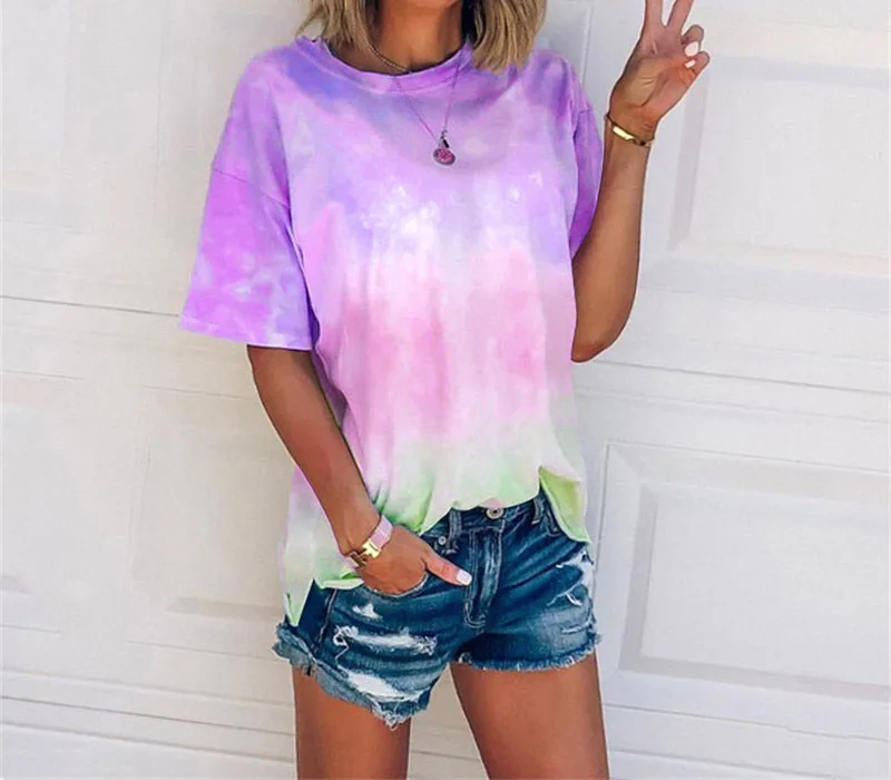 

Women's T-shirt 2023 Summer New Tie Dye Gradient Print Loose T-shirt Women's Top Fashion Casual Shirt Female