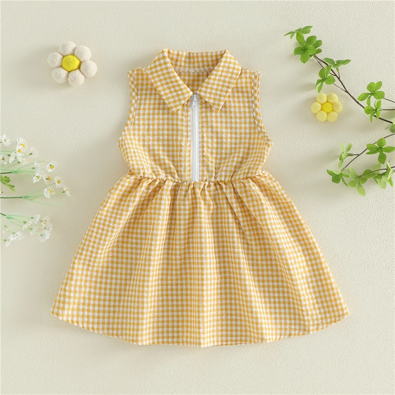 

Cute Toddler Infant Kids Girls A-line Dress Baby Girls Sleeveless Turn-down Collar Zipper Closure Plaid Dress Summer Dress