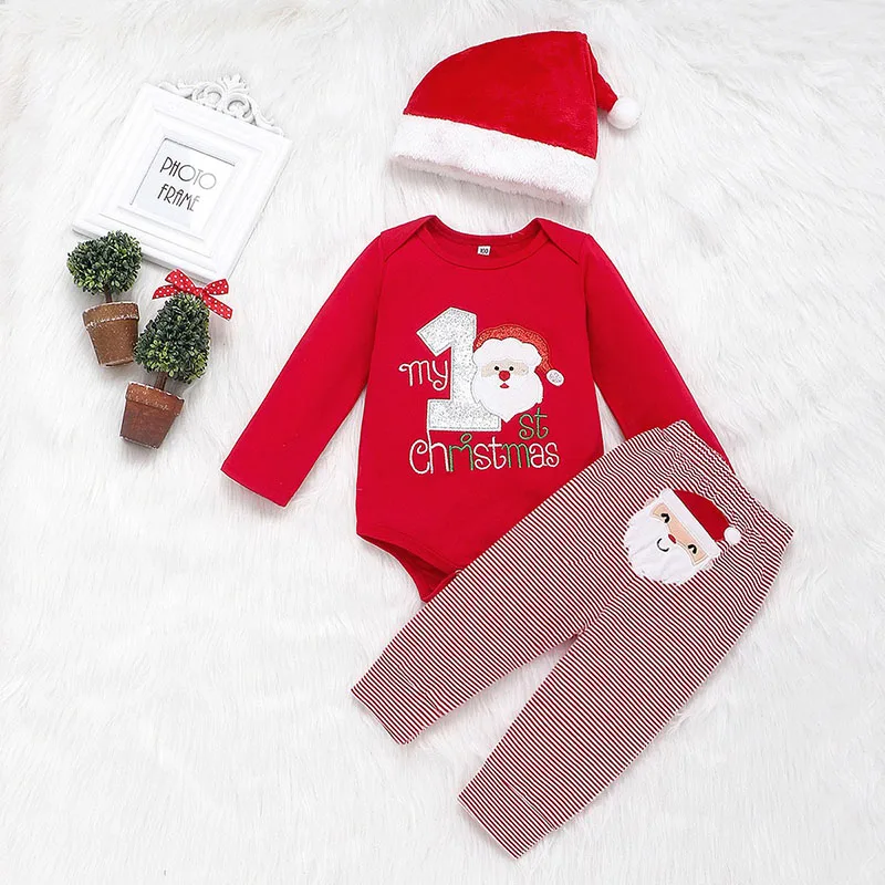 Christmas Toddler Baby Boys Girl Clothes Suit Long Sleeved Rompers+Pants+Hat New Year Infant Baby Girls Boys Clothing Set