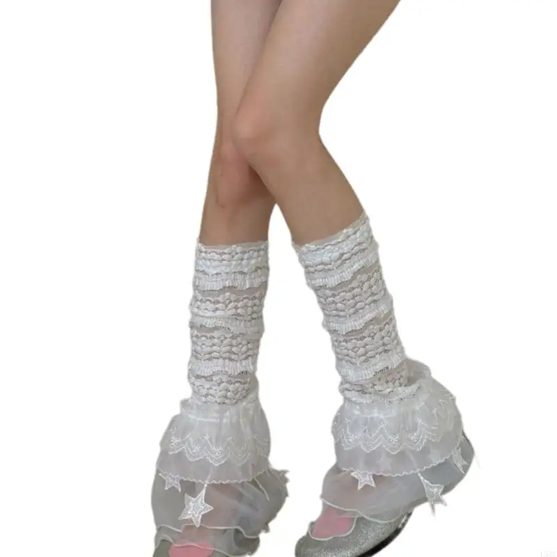 L5YC Mulheres Ruffle Lace Leg Warmer Doce Joelho Alto Meias Perna Mangas Princesa