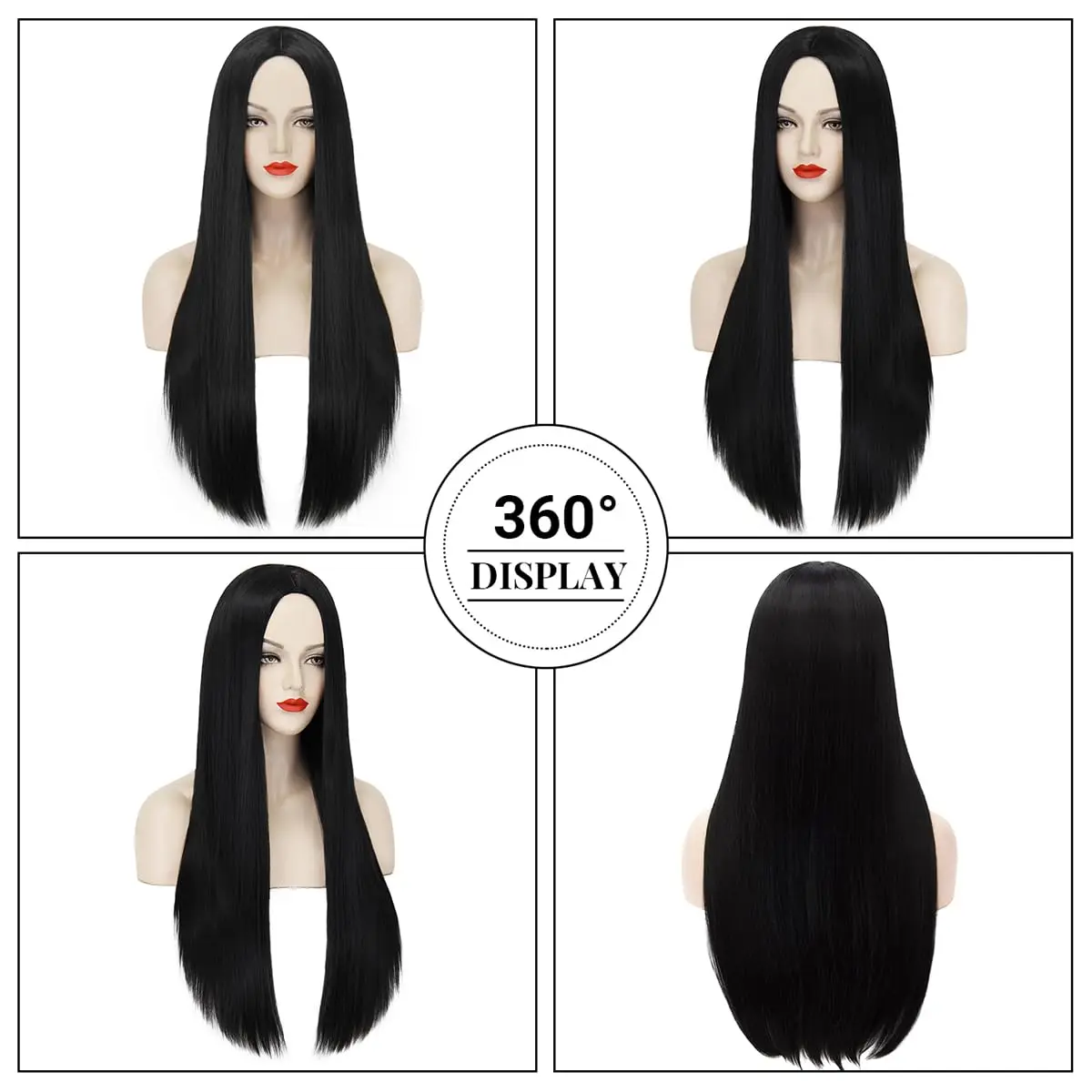 Synthetische lange zwarte pruik voor vrouwen Halloween kostuum 30'' rechte lange zwarte pruik natuurlijke schattige pruik voor vrouwen, Morticia Addams pruik