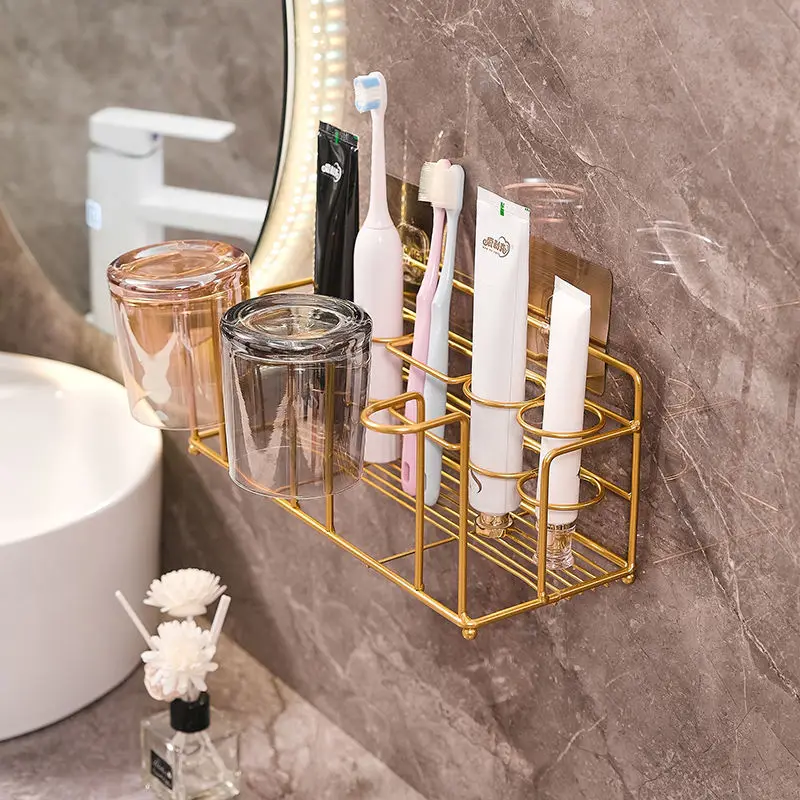 

Toothbrush Cup Holder Luxury Gold Metal Bathroom Storage Rack Toothpaste Shelf Wall Mounted Non Punching Organizer For Bathroom