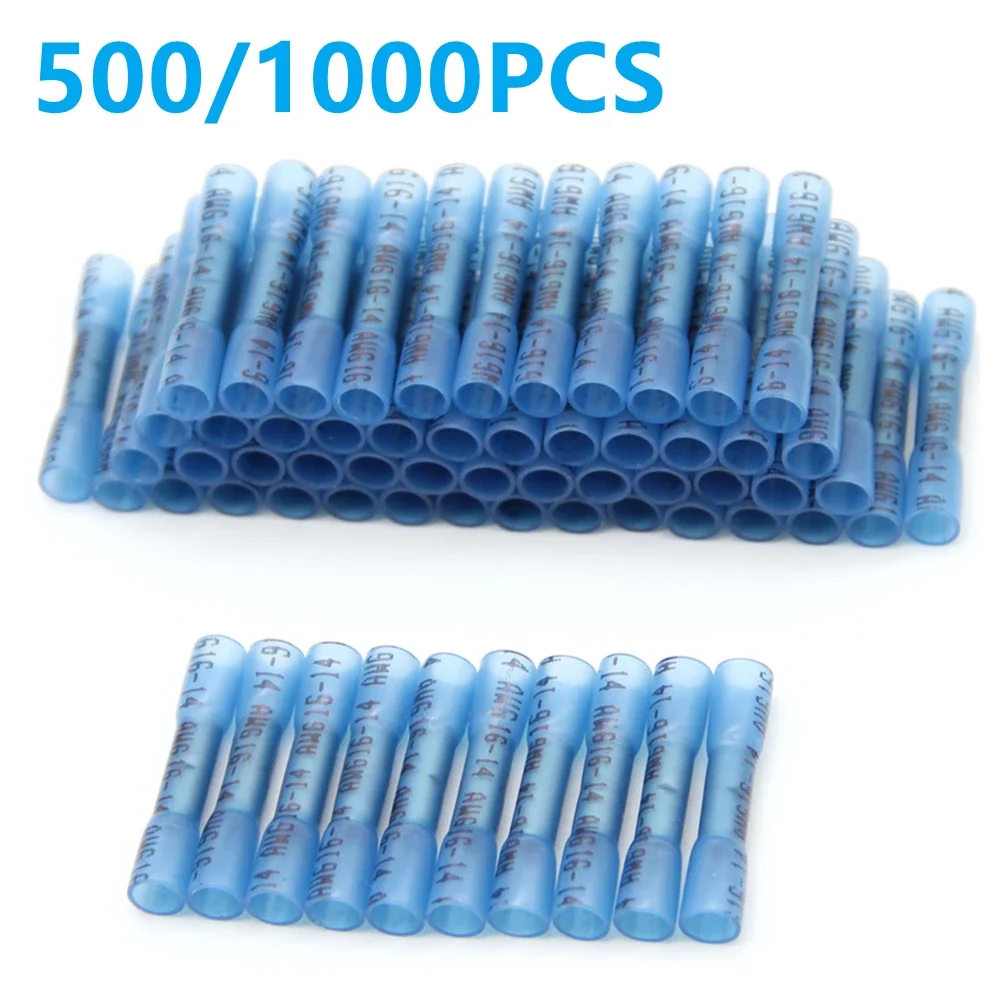 100/500/1000PCS Blue Heat Shrink Connectors Insulated Waterproof Seal Sleeve Butt Electrical Wire Crimp Terminals 16-14 AWG