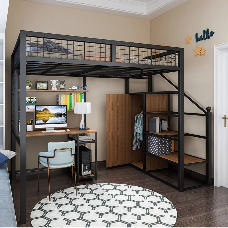 Upper and Lower Empty Single Apartment Iron Bunk Bed Multi-Functional Elevated Bed Wardrobe Small Apartment