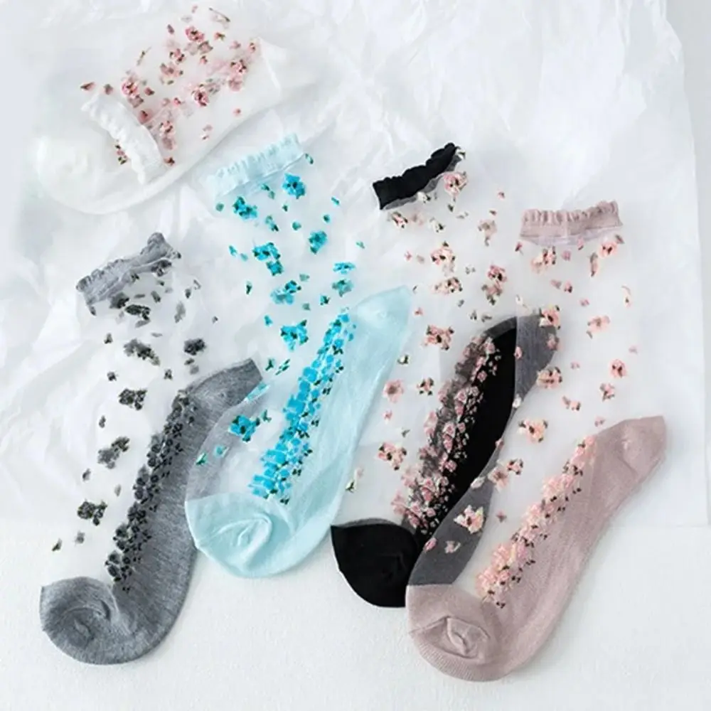 High Quality Breathable Crystal Glass Silk Socks Transparent Silk Lastic Socks Lace Jacquard Short Socks