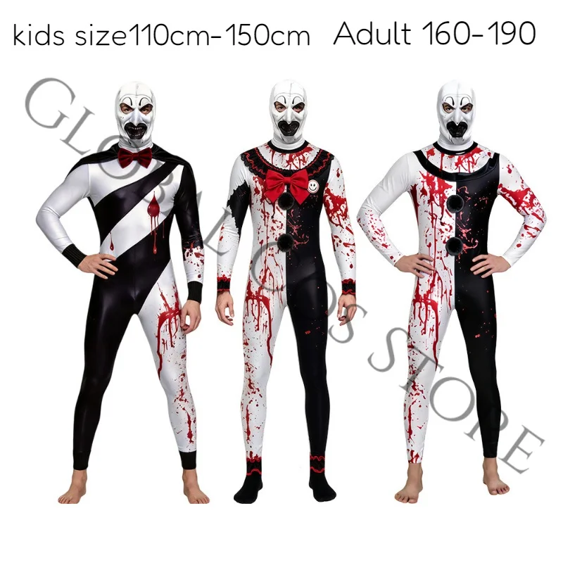 

Horror Movie Bloody Clown Bodysuit Kids Adult Unisex Jumpsuit Black White Outfits for Halloween Party Stage Perfromance