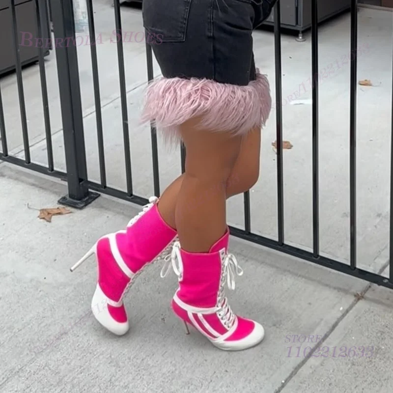 

Bright Pink Knitted Canvas Boots Women White Leather Patchwork Stiletto Heel Round Calf Laces Black Yellow Striped Girls Shoe