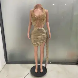 Stock Deluxe Gold Diamond Formal Occasion Cocktail Dress 2-piece Ball Dress Sexy girls Short Ball dress Birthday Mini dress