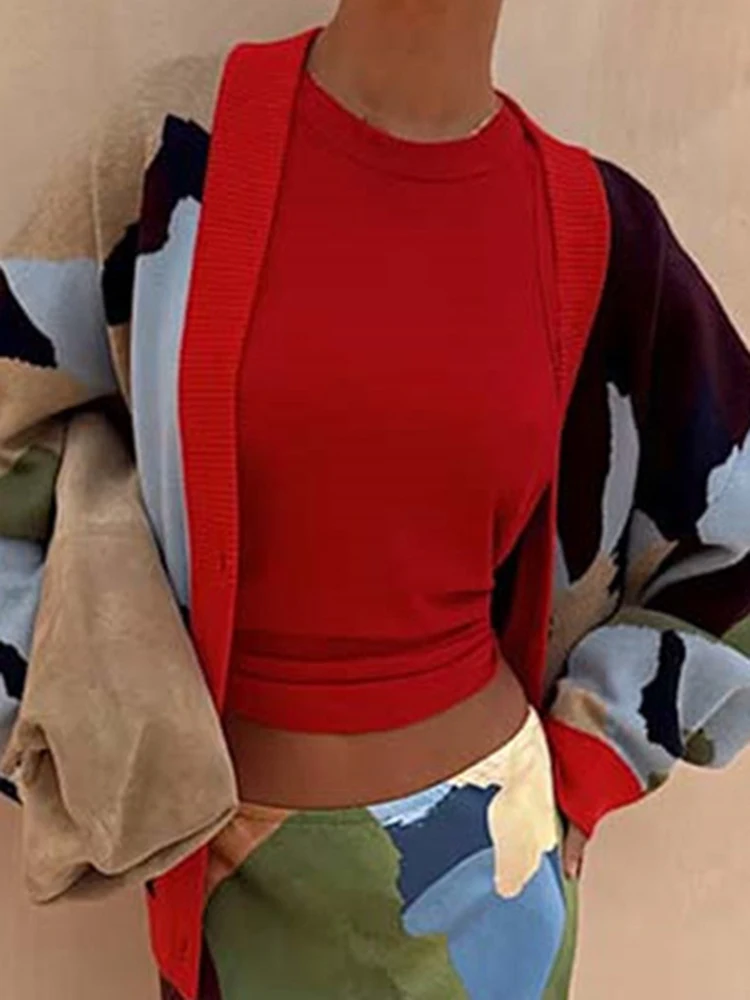 เสื้อคาร์ดิแกนถักคอวีสีตัดกันสไตล์วินเทจ แขนยาวพิมพ์ลาย เสื้อสเวตเตอร์ผู้หญิงทรงหลวม สไตล์ลำลอง เหมาะสำหรับใส่ไปทำงาน