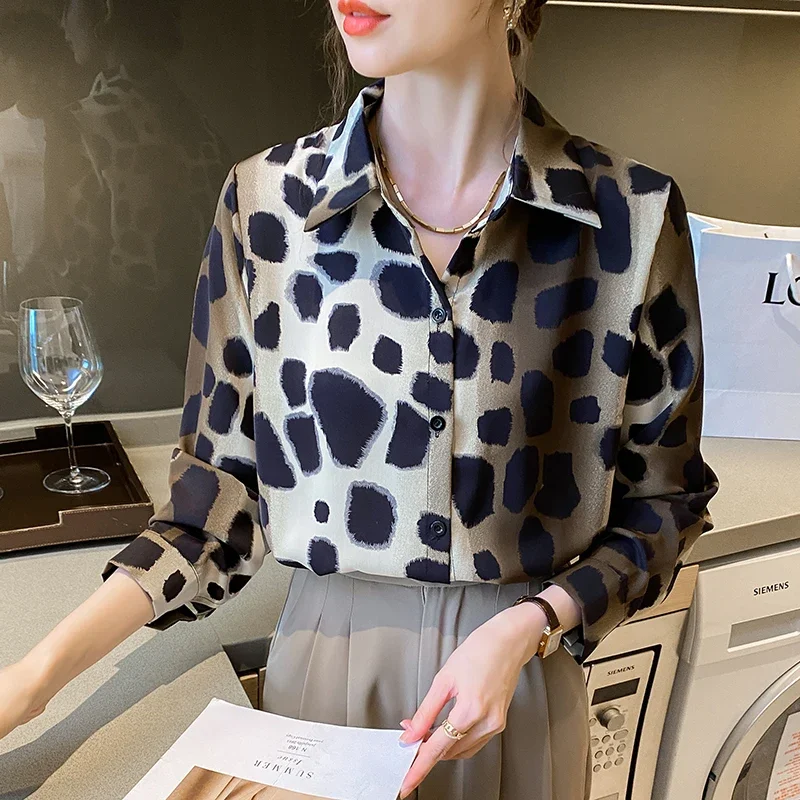 Autumn Winter Fashion Leopard Print Shirt for Women Long Sleeve Blouse Office Lady Polo Collar Tops Loose Clothes Blusas 28125