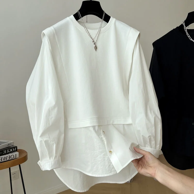 

plus Size Women's Long Sve irt Design Sense Patchwork Fake Two-Piece Doll Top Fat MM Extra Large 300 Pou Korean Sle