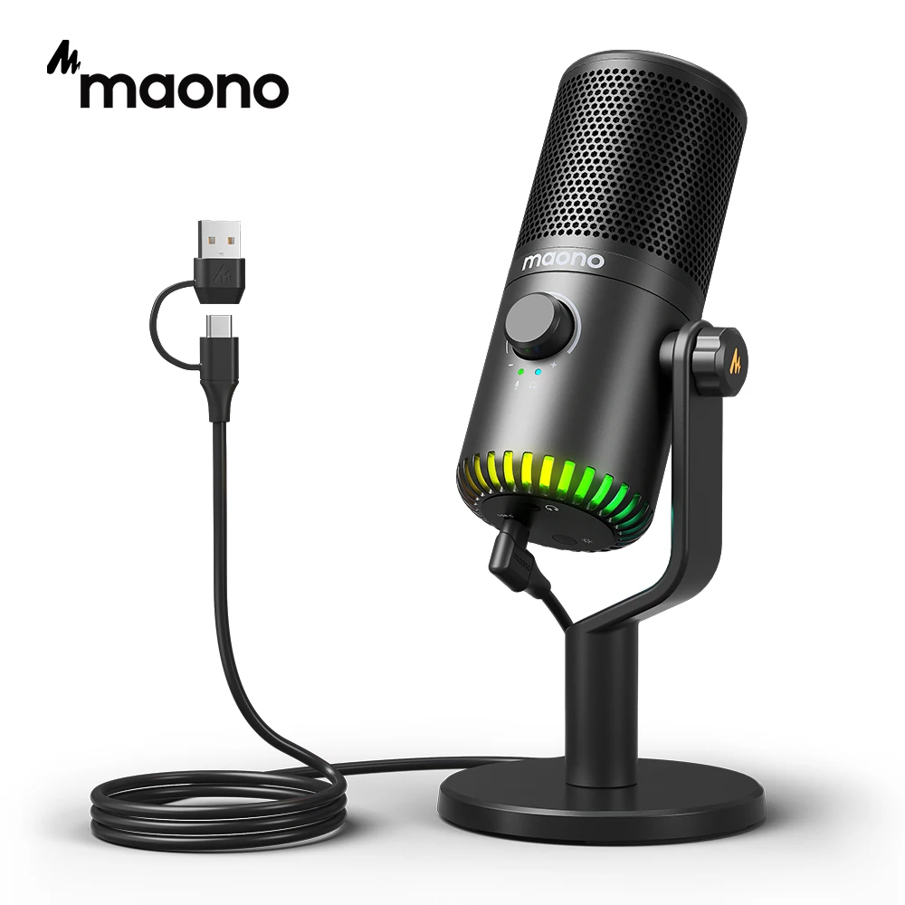 Maono USB Gaming Microphone With Type C Adapter For Phone PC Breath Light Zero Latency Monitoring For Podcasting, Streaming DM30