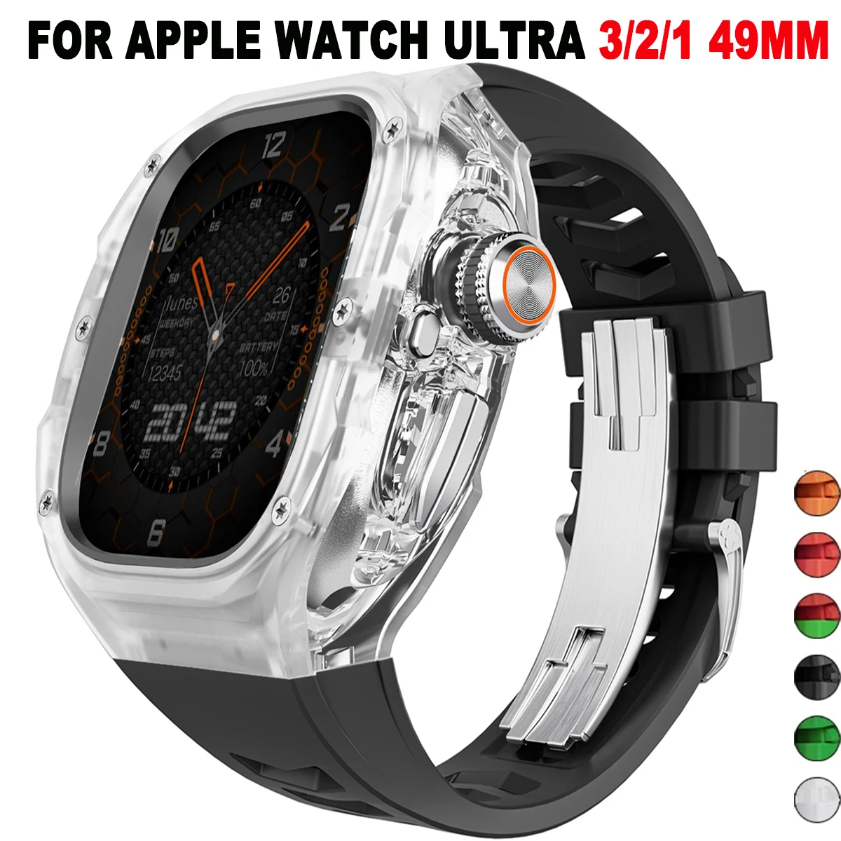 Luxury Transparent Case Modification Kit For Apple Watch Ultra 3/2 49mm Mod Kit Silicone Band FKM Strap for iWatch Ultra 1 49mm