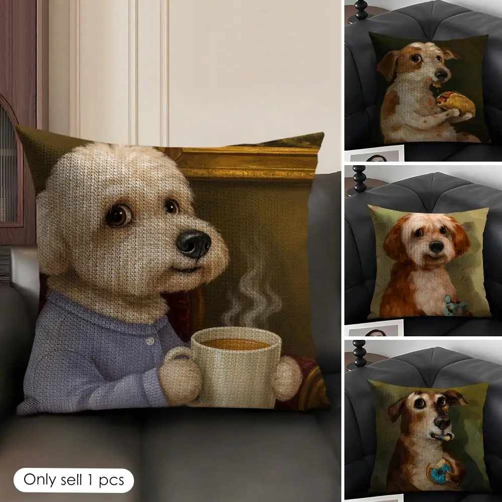 Puppy Eating Pizza Animal Cushion Cover Natural Linen Organic Fabric Double-Sided Printing Breathable Perfect Gift For Decor