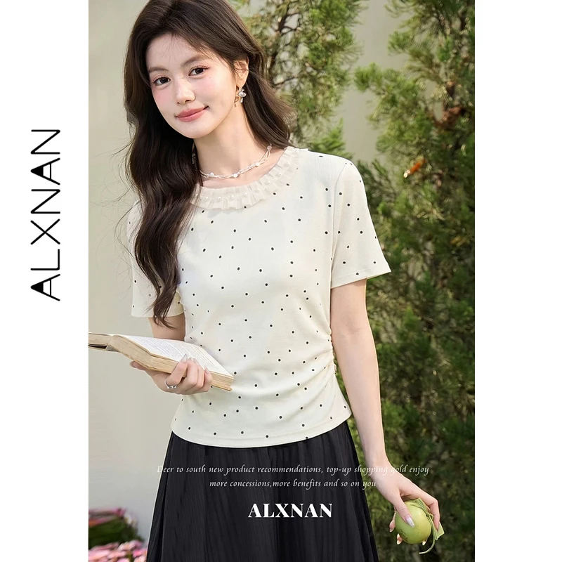 

ALXNAN Women's T-shirt Polka Dot Short Sleeve Top Summer 2026 Slim Fit Round Neck Casual Elegant French Style Ladies Tee L65770A