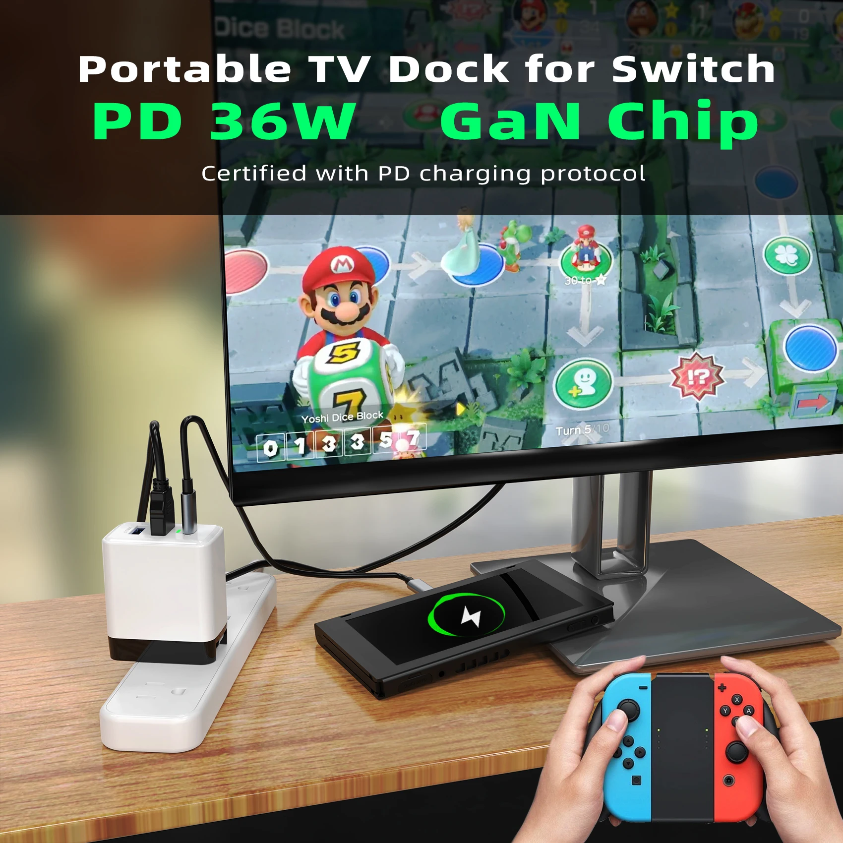 PSDA 3D Switch Dock for Nintendo Switch GaN 36W fast charger Portable TV Docking Station 4K HD-compatible for Laptops iPad Phone