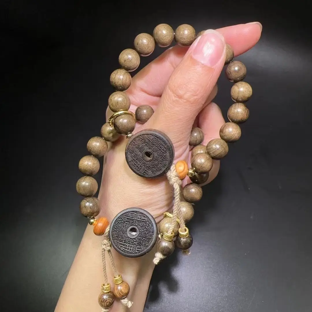 10MM Buddha Bead Pure Natural Gloomy Wooden Bracelet with Carved Mountain Ghost Spending Wooden Copper Money Wen Play HandString