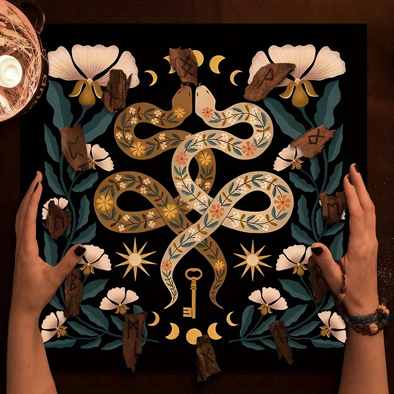 VIKAMA Dual Snake Floral Key Tarot Altar Cloth Pagan Divination Mat Witchcraft Ritual Tablecloth Occult Decor