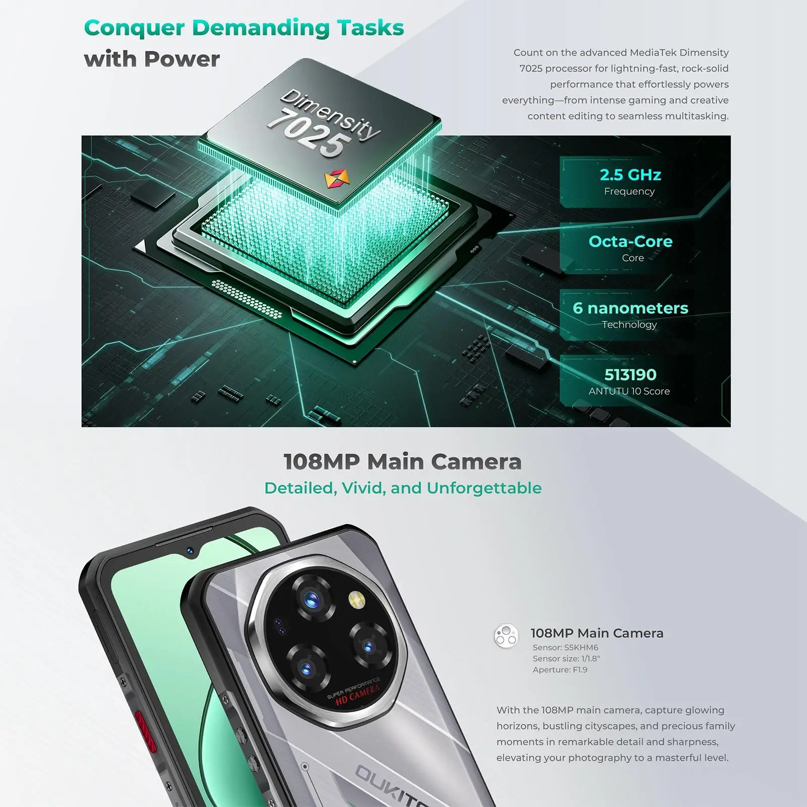 Oukitel WP62 5G Robustes Smartphone 108MP Kamera 11000mAh 33W 8GB+256GB 6,6 Zoll FHD+ IPS Display 120Hz Android 15 NFC