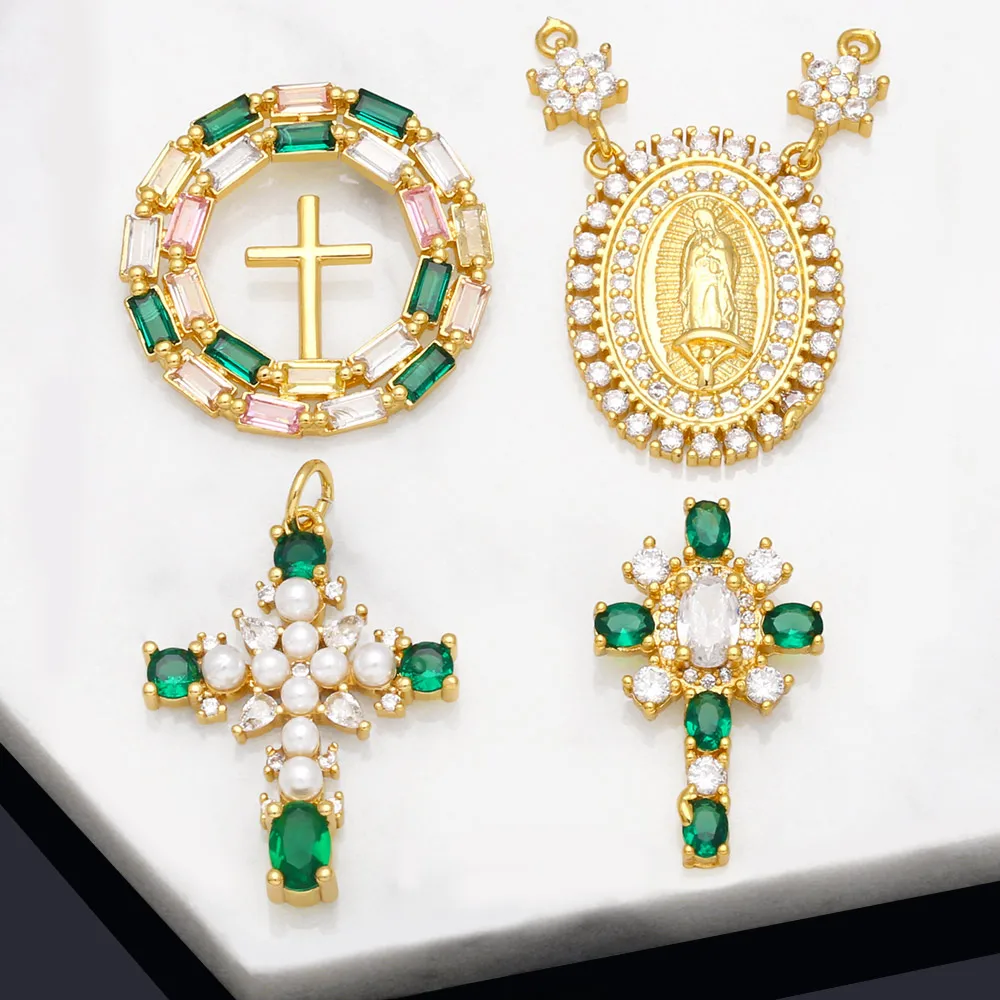 OCESRIO Copper CZ Virgin Mary Pendant for Necklace Gold Plated Green Cross Jewelry Making Supplies Beads Crucifix pdta818