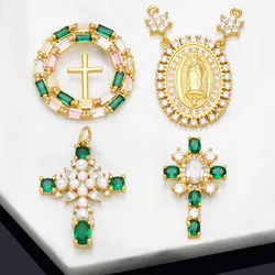 OCESRIO Copper CZ Virgin Mary Pendant for Necklace Gold Plated Green Cross Jewelry Making Supplies Beads Crucifix pdta818