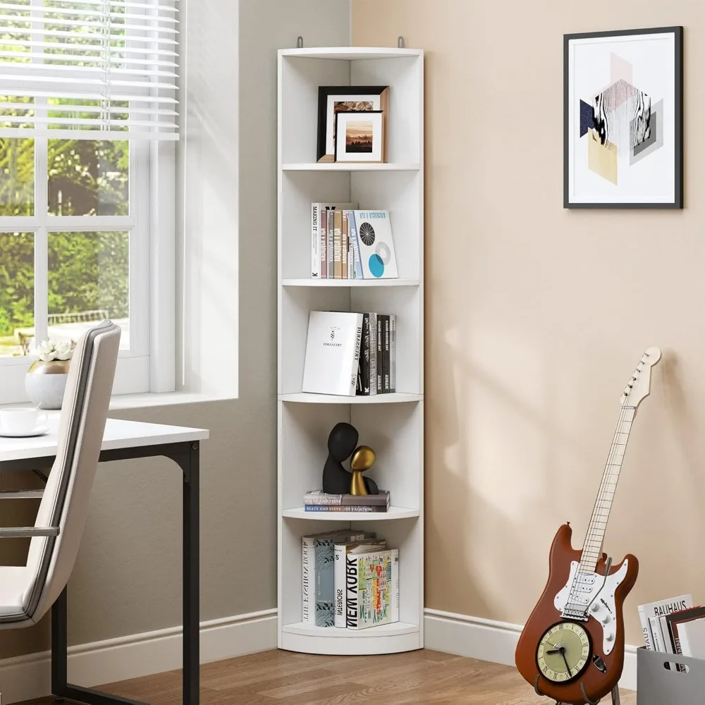 Storage Shelf Wooden Open Storage Book Shelves for Living Room Bookcase 5-Tier Corner Shelf White Home Office Furniture