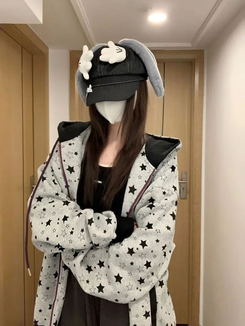 

American Vintage Star Printed Long Sleeves Zip Up Hoodie Women Autumn New Unisex Couple Sweatshirts All Match Loose Y2k Top