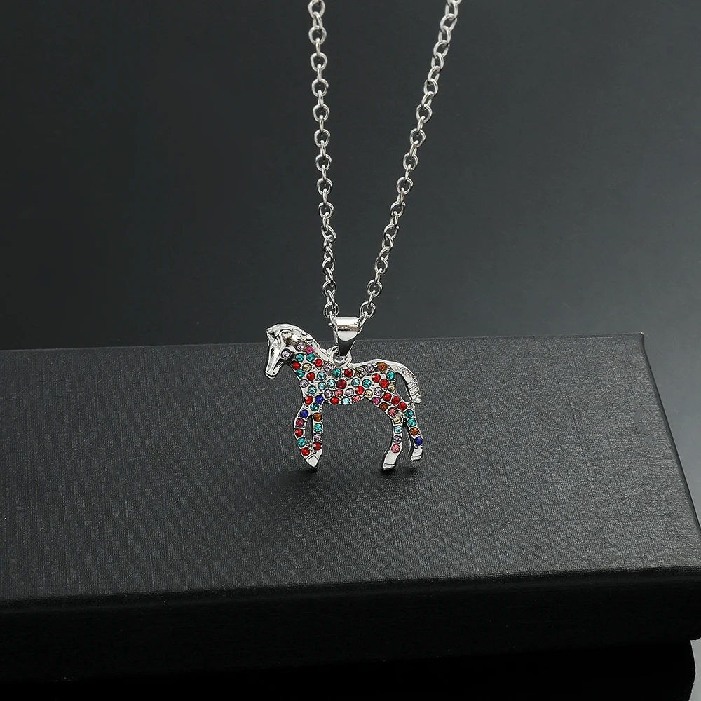 New Pretty Bling Colorful Crystal Animal Necklace Shiny Horse Pendant Choker For Women Girls Party Jewelry Gift