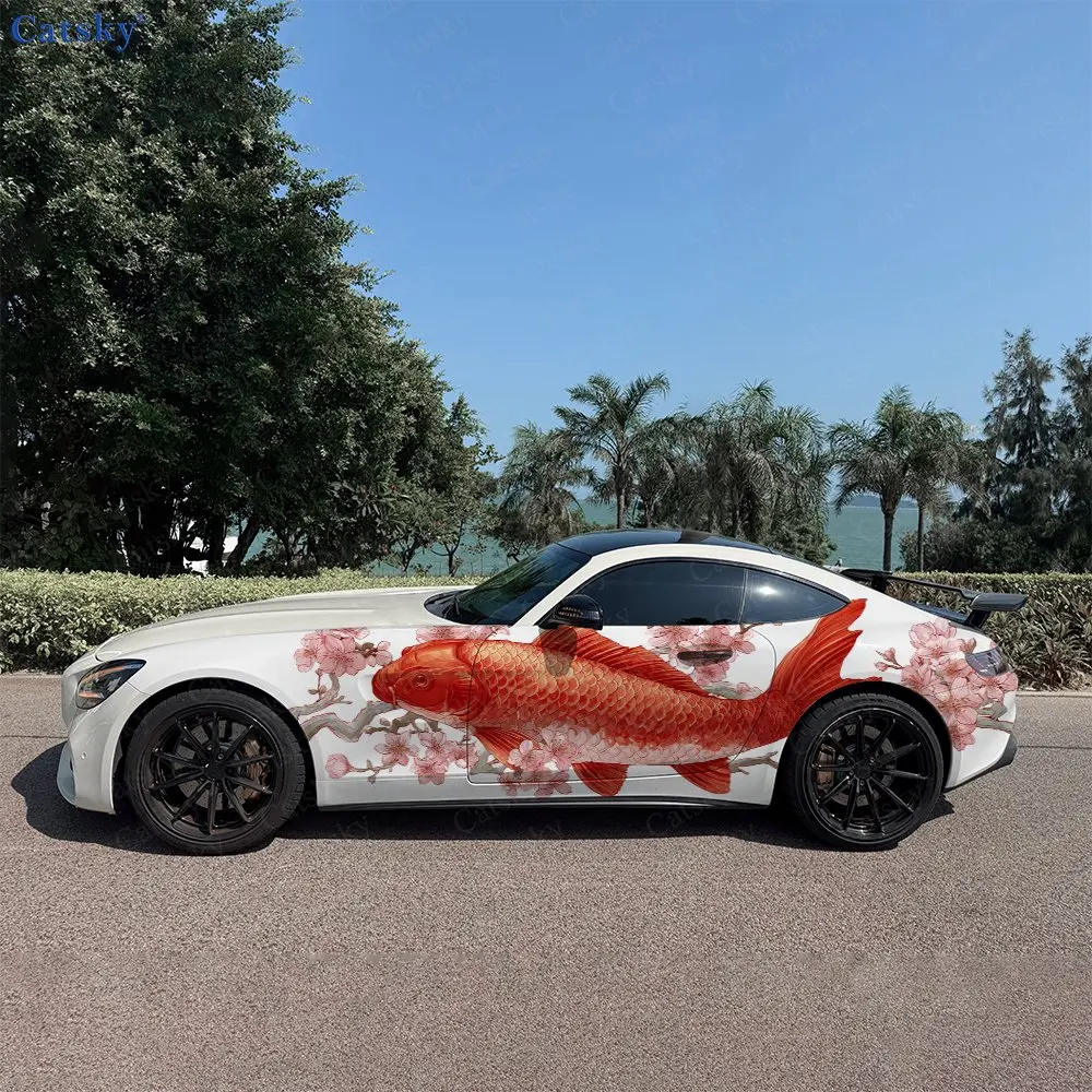 2pcs Lucky Fortune Koi Fish Car Side Wraps, Self-Adhesive PVC Waterproof & Scratch-Resistant Stickers, Car Accessory Gift