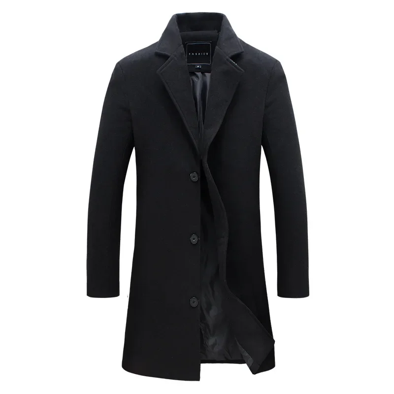 Autumn Winter Fashion Men's Woolen Coats Solid Color Single Breasted Lapel Long Coat Jacket Casual Overcoat Plus Size 9 Colors