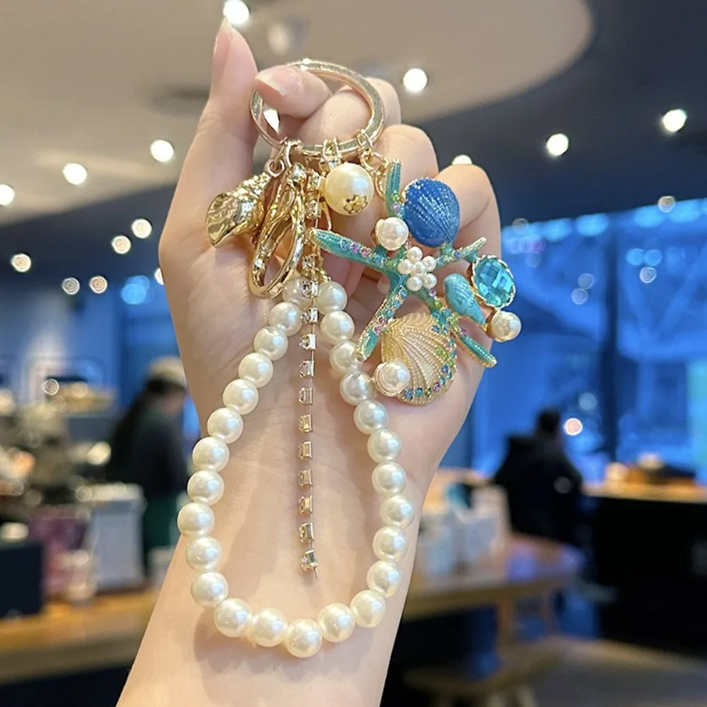 Ocean Series Mobile Phone Lanyard Strap Pearl Shell Starfish Hand-beaded Bag Pendant Anti-Lost Arts Crafts Car Keychain