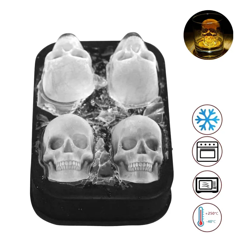 Food Graded Silicone Ice Cube Tray | 3D Skull Flexible 4 Grids Ice Maker Molds Ice Cube Maker Ice Cream Tools Suits for Summer