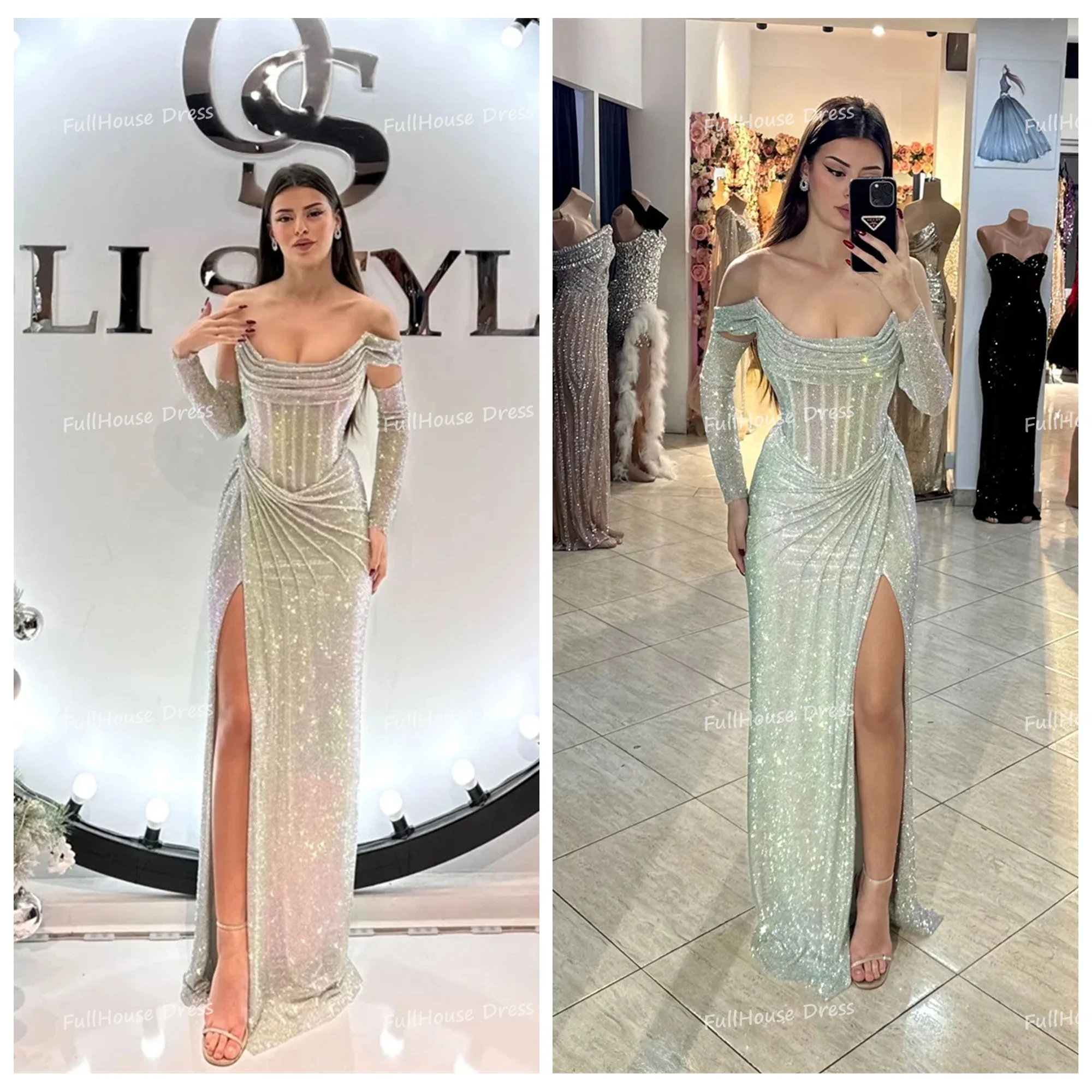 

Очаровательное платье без бретелек с рукавами 3/4 на заказ, многоуровневое плиссированное блестящее платье в Саудовской Аравии с разрезом по бокам, сексуальное прямое платье для выпускного вечера с открытой спиной