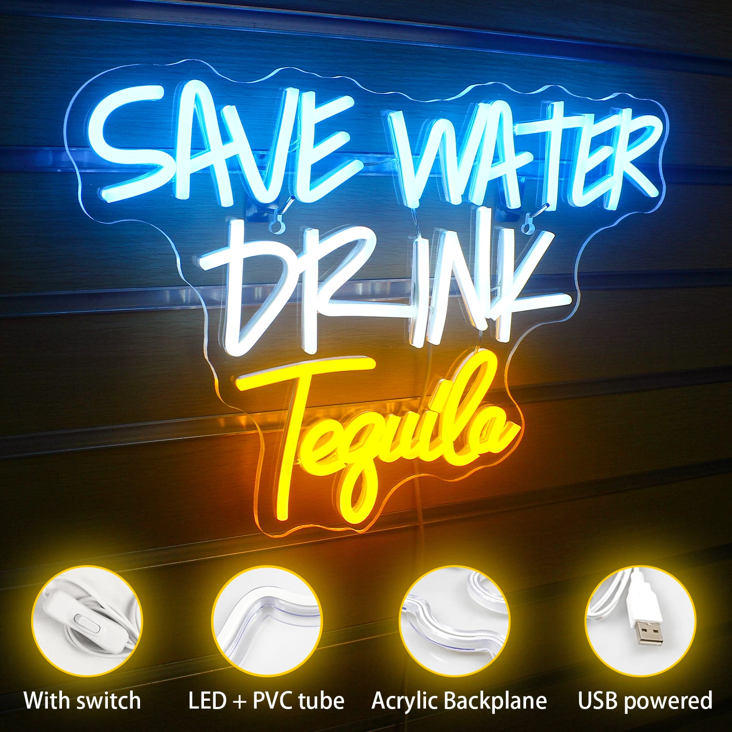 Save Water Drink Tequila Neon Sign Letter LED Lights Three Color Set Aesthetic Room Decoration For Home Bars Party Art Wall Lamp