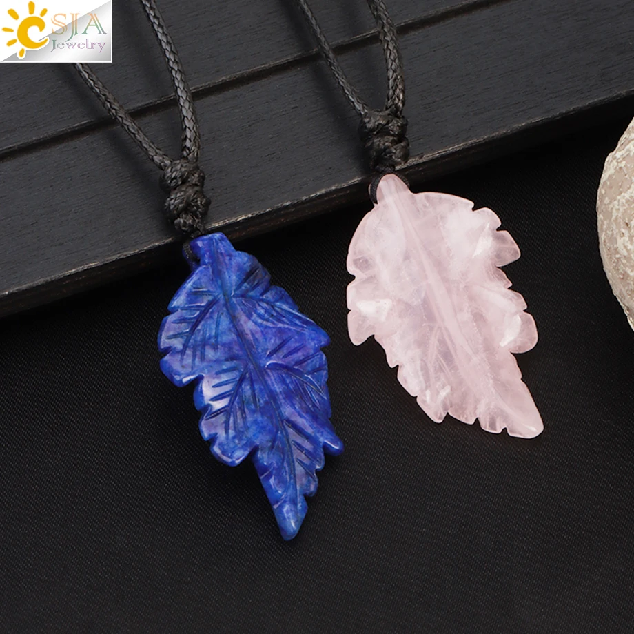 CSJA Natural Stone Leaves Pendant Necklace for Women Healing Hand Carved Crystal Necklaces Man Jewelry Halloween Gift H246