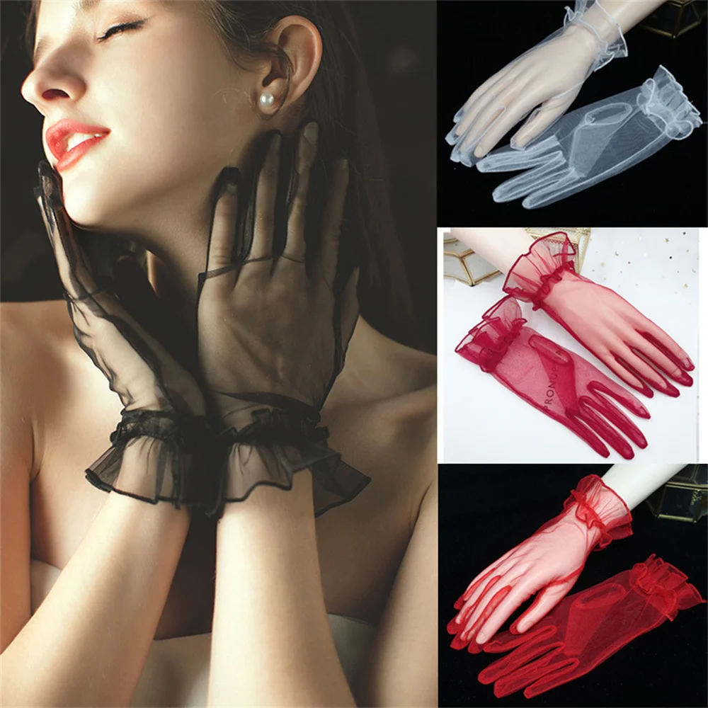 Autumn Summer Women Short Tulle Gloves White Black Weeding Gloves Stretchy Lace Full Finger Mittens Mesh Transparentes Gloves