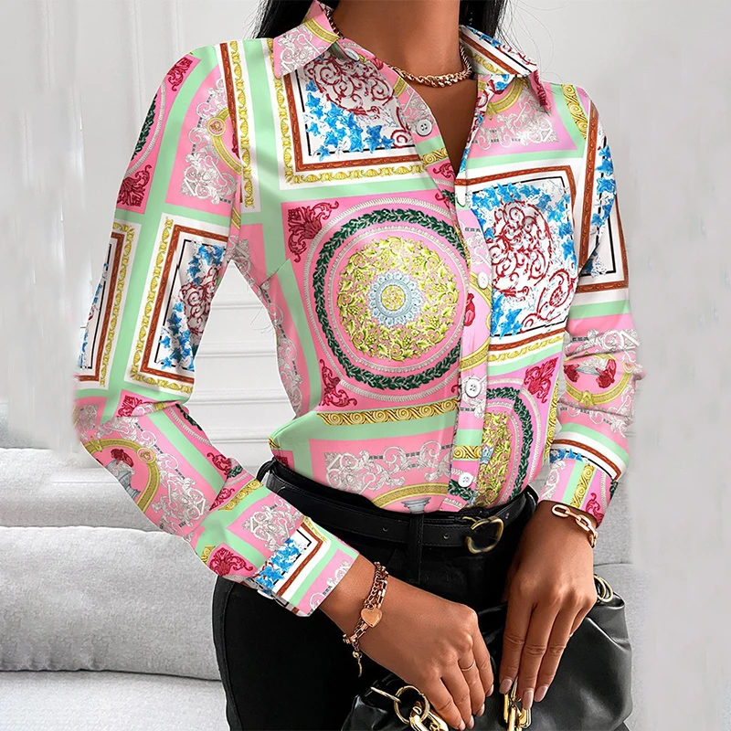 Printed Shirt Women 2022 autumn Elegant Office Ladies Blouse Clothes Fashion Lapel Long Sleeve Buttons Casual Tops For Woman