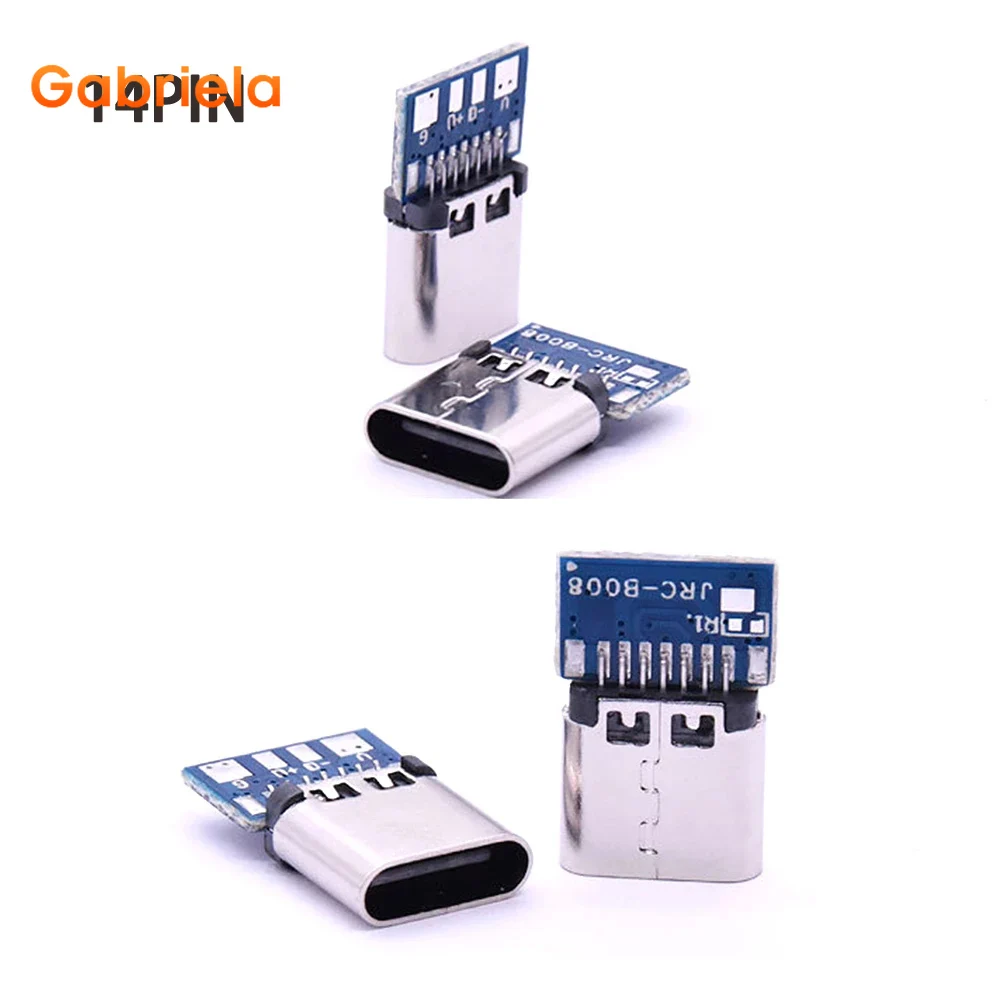 2 pcs USB 3.1 Type C Connector 14 Pin Female Socket receptacle Through Holes PCB 180 Vertical Shield USB-C1