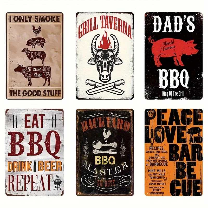 Juego de colgante de letrero de estaño de Metal para barbacoa Vintage, decoración de pared Retro para patio trasero, área de parrilla, restaurante, Patio, lugar de Picnic, exterior, 6 uds.