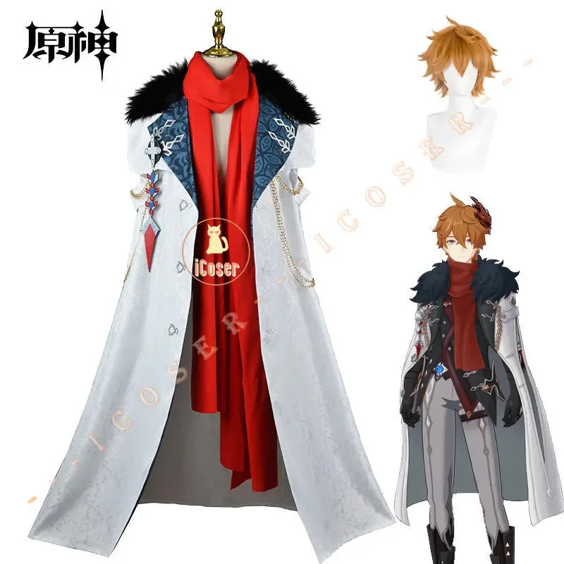 Genshin Impact Tartaglia Childe Cosplay Kostuum Pruik Fatui Mantel Outfit Uniform Cape Hoofddeksels Handschoenen Elf Fatui Harbingers Mannen