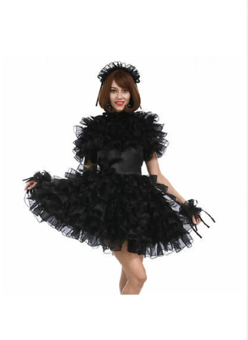 

New Cosplay Sissy Black Satin Stiff Yarn Fluffy Dress Girls Maid Costume Holiday Limited Edition